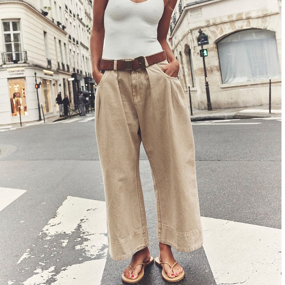 Free People Wide Leg Pants in Khaki with Brown Belt